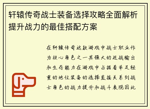 轩辕传奇战士装备选择攻略全面解析提升战力的最佳搭配方案